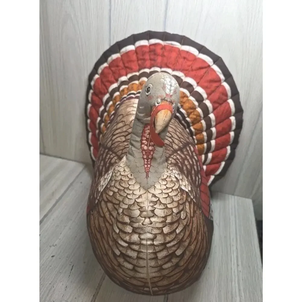 Vintage Handmade Stuffed Fabric Turkey THANKSGIVING Centerpiece Plush 14” Kitsch